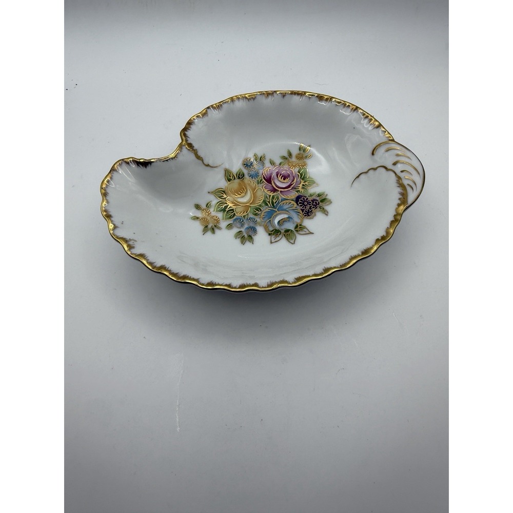 Vintage Hand Painted Porcelain Floral Trinket Dish Gold Gilt Scalloped 6.5"